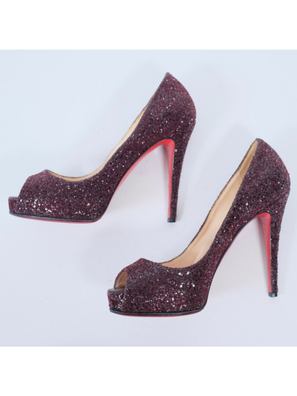 Christian Louboutin 37.5 US 7.5 Shoes Pumps Open Toe Platform Glitter Wine - Picture 4 of 8